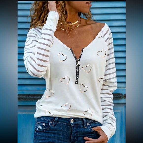 SALE 🩶 Heart Print Zipper Blouse, Casual Long Sleeve V Neck - Picture 5 of 6